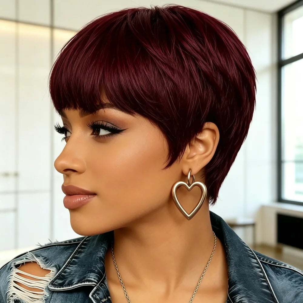 Short Burgundy Pixie  Wig,