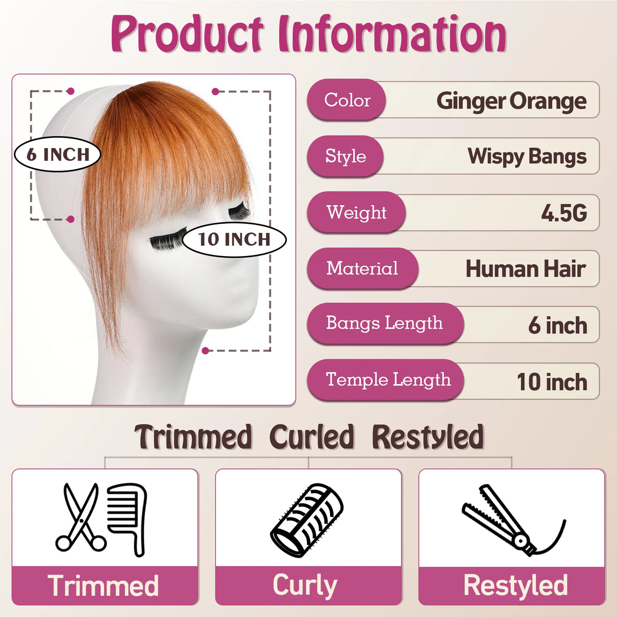 Ginger Orange Human Hair Bangs